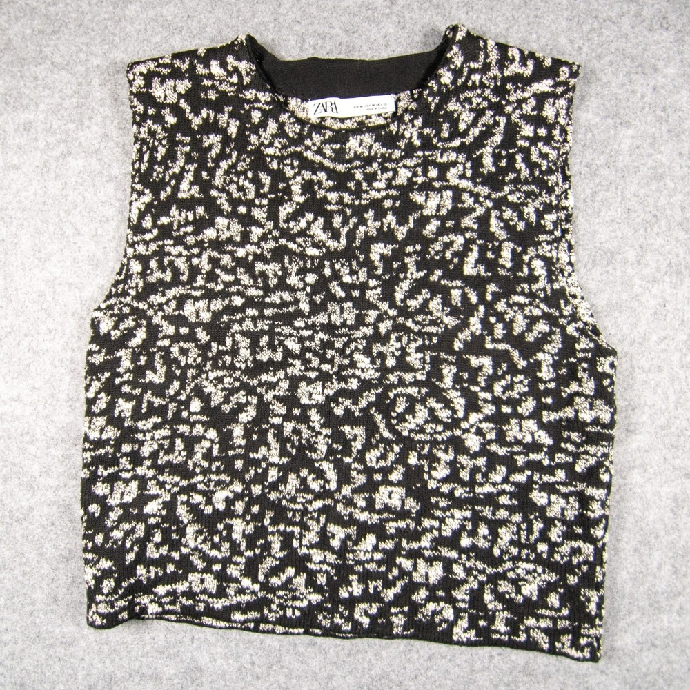 Zara Textured Knit Crop Top Sweater Vest Black White Abstract Print Medium